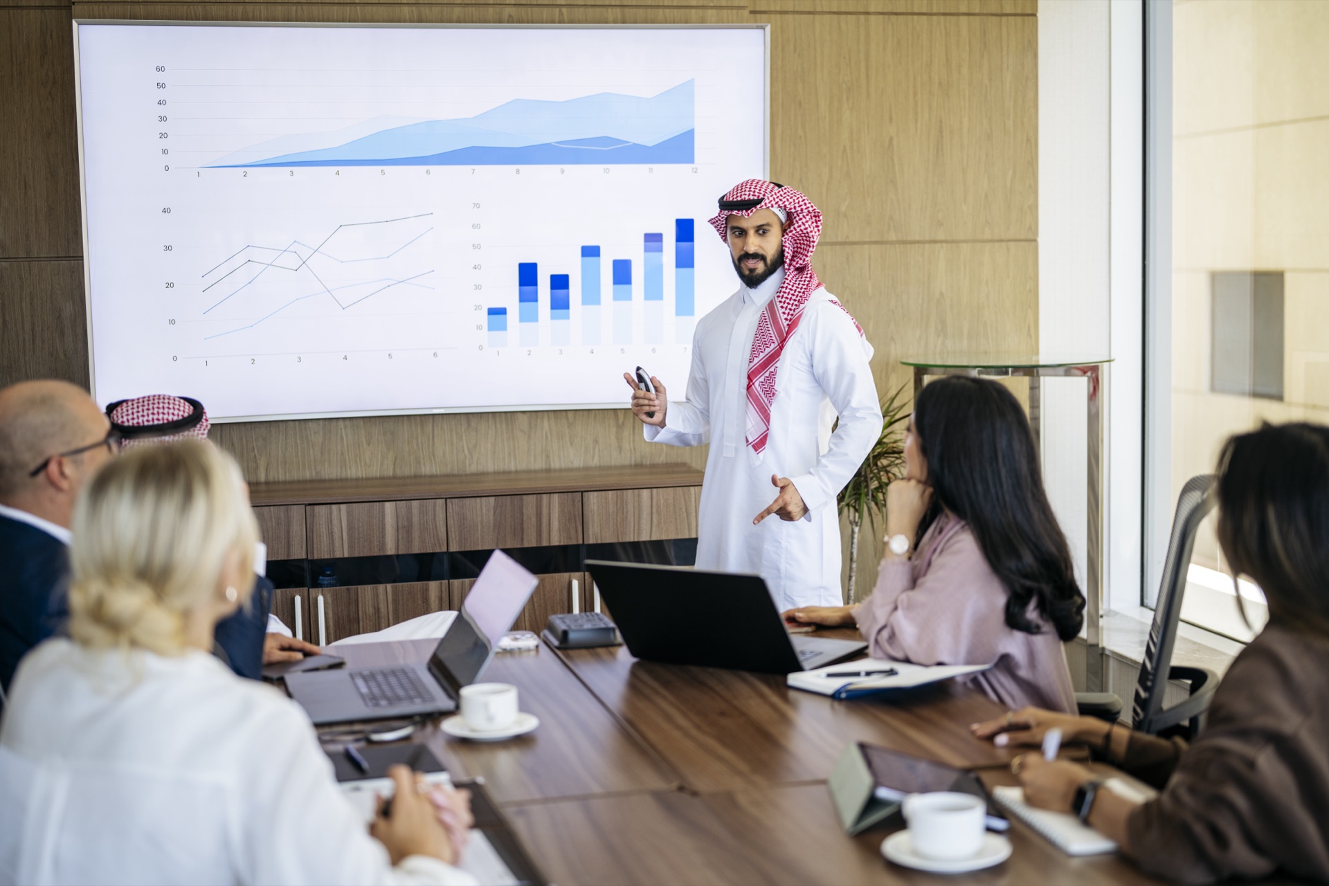 Saudi professional presenting financial strategy to a multicultural boardroom